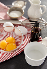 Image showing whisk, eggs, sugar, milk, flour and vanilla