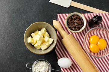 Image showing rolling pin, butter, eggs, flour and chocolate