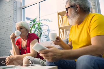 Image showing Couple of seniors spending time together being quarantined - caucasians mature and retired man and woman using modern gadgets, talking, drinking tea