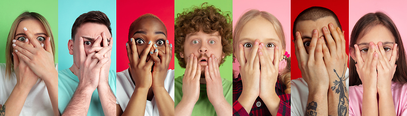 Image showing Portrait of caucasian people on multicolored background, creative collage