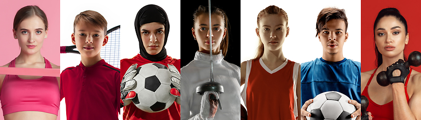 Image showing Portrait of athletes on white studio background, creative collage