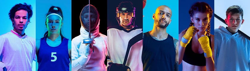 Image showing Portrait of athletes on multicolored background in neon light, creative collage