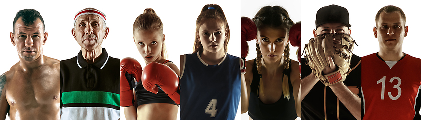 Image showing Portrait of athletes on white studio background, creative collage