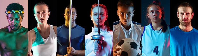 Image showing Portrait of athletes on multicolored background in neon light, creative collage