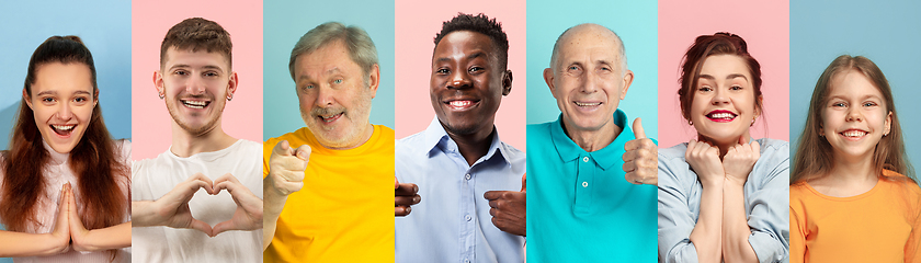 Image showing Portrait of caucasian people on multicolored background, creative collage