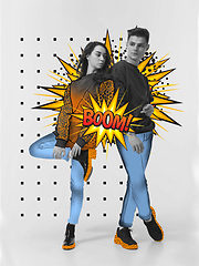 Image showing Casual young stylish couple on white background with colourful art drawings in comics style