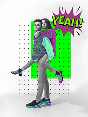 Image showing Casual young stylish couple on white background with colourful art drawings in comics style