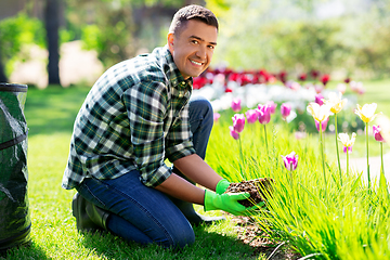 Image showing middle-aged man taking care of flowers at garden