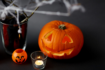 Image showing pumpkins, candles and halloween decorations