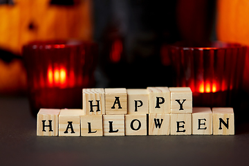 Image showing wooden toy blocks with happy halloween letters