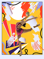 Image showing Young female gymnast exercising with colourful art drawings in comics style