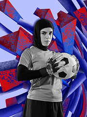 Image showing Young female football player, goalkeeper posing with colourful art drawings in comics style