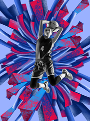 Image showing Young female basketball player in jump with colourful art drawings in comics style