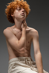 Image showing Portrait of beautiful redhead man isolated on grey studio background. Concept of beauty, skin care, fashion and style