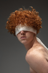 Image showing Portrait of beautiful redhead man isolated on grey studio background. Concept of beauty, skin care, fashion and style