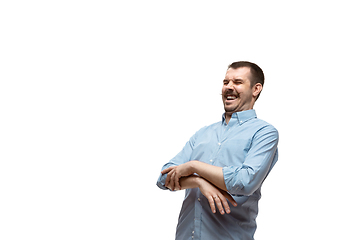 Image showing Young caucasian man with funny, unusual popular emotions and gestures isolated on white studio background