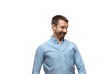 Image showing Young caucasian man with funny, unusual popular emotions and gestures isolated on white studio background