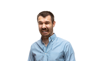 Image showing Young caucasian man with funny, unusual popular emotions and gestures isolated on white studio background