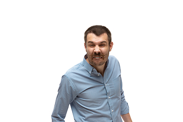 Image showing Young caucasian man with funny, unusual popular emotions and gestures isolated on white studio background