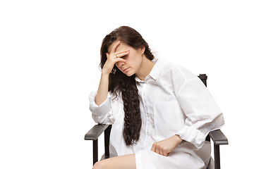 Image showing Young caucasian woman with funny, unusual popular emotions and gestures isolated on white studio background