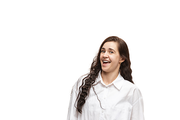 Image showing Young caucasian woman with funny, unusual popular emotions and gestures isolated on white studio background