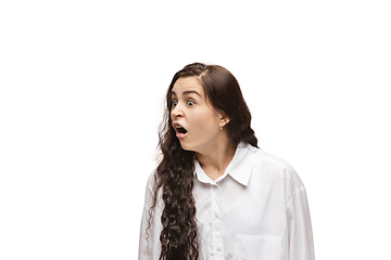 Image showing Young caucasian woman with funny, unusual popular emotions and gestures isolated on white studio background