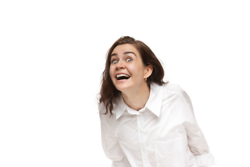 Image showing Young caucasian woman with funny, unusual popular emotions and gestures isolated on white studio background