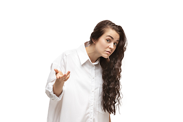 Image showing Young caucasian woman with funny, unusual popular emotions and gestures isolated on white studio background