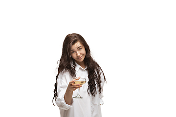 Image showing Young caucasian woman with funny, unusual popular emotions and gestures isolated on white studio background
