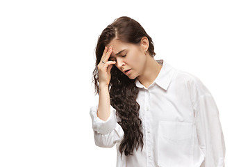 Image showing Young caucasian woman with funny, unusual popular emotions and gestures isolated on white studio background