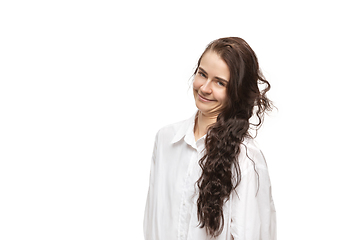 Image showing Young caucasian woman with funny, unusual popular emotions and gestures isolated on white studio background