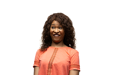 Image showing Young african-american woman with funny, unusual popular emotions and gestures isolated on white studio background