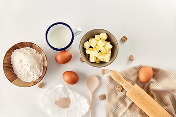 Image showing rolling pin, butter, eggs, flour, milk and sugar