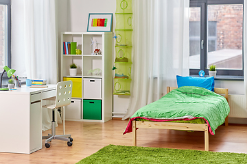 Image showing kid's room interior with bed, table and bookcase