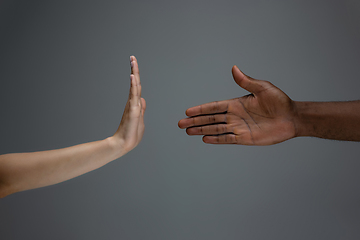 Image showing Racial tolerance. Respect social unity. African and caucasian hands gesturing isolated on gray studio background