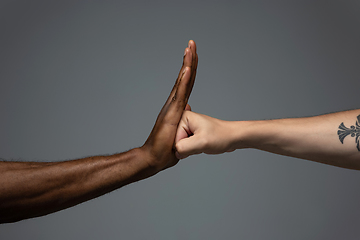 Image showing Racial tolerance. Respect social unity. African and caucasian hands gesturing isolated on gray studio background