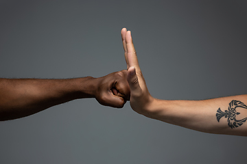 Image showing Racial tolerance. Respect social unity. African and caucasian hands gesturing isolated on gray studio background