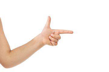 Image showing Children\'s hand, palm gesturing isolated on white studio background