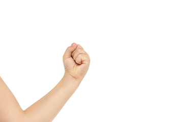 Image showing Children\'s hand, palm gesturing isolated on white studio background