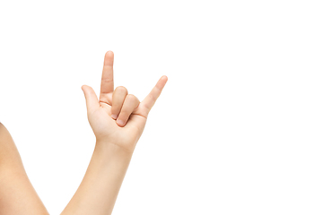 Image showing Children\'s hand, palm gesturing isolated on white studio background