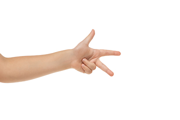 Image showing Children\'s hand, palm gesturing isolated on white studio background