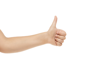 Image showing Children\'s hand, palm gesturing isolated on white studio background