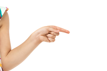 Image showing Children\'s hand, palm gesturing isolated on white studio background