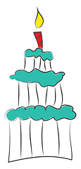 Image showing Three-story cake with blue frosting and red  candle on top vecto