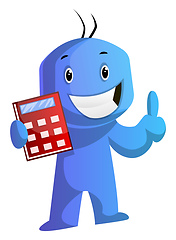 Image showing Blue cartoon caracter with his red calculator illustration vecto