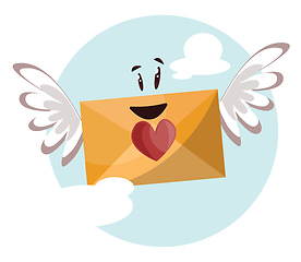 Image showing Dark yellow envelope with a red heart and wings smiling vector i