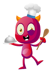 Image showing Devil cooking food, illustration, vector on white background.