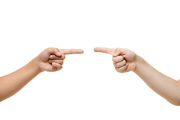 Image showing Children\'s hand, palm gesturing isolated on white studio background