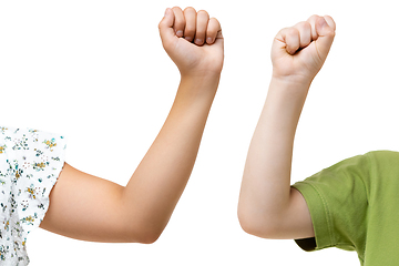 Image showing Children\'s hand, palm gesturing isolated on white studio background