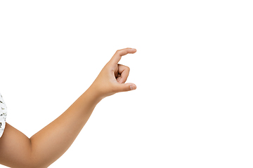 Image showing Children\'s hand, palm gesturing isolated on white studio background